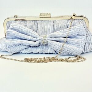 Silver Satin Pleated Bow Clutch Purse with Rhinestone Detail & Chain Strap
